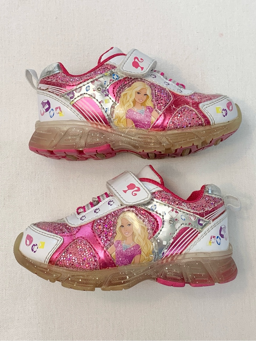 2015 Mattel Barbie Girls Sparkly Pink & White Light Up Shoes Sneakers size 7